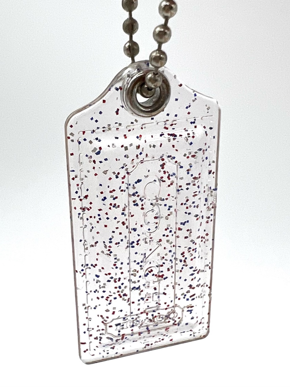 Coach Poppy Clear Red Blue Confetti Glitter Lucite Hangtag Ball Chain